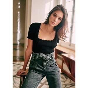 Sezane Austin Trouser Jeans Women 34 US 2 Washed Black Paper Bag Waist 90s Style